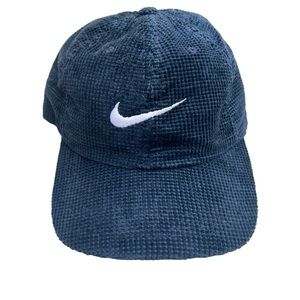 Vintage 90s Nike Corduroy Swoosh Blue Strap Back Hat Rare